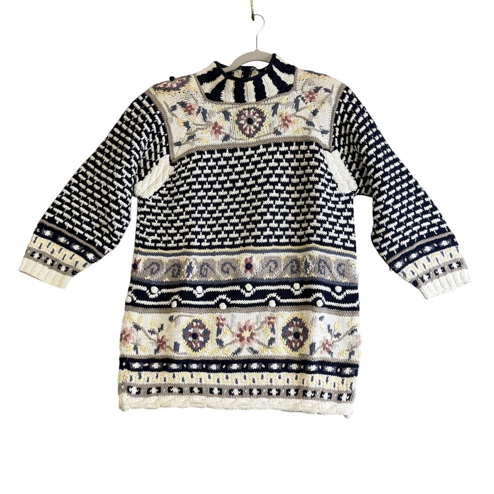 Jennifer Reed Sweater Womens Small Blue Fair Isle Mock Neck Embroidered Knit